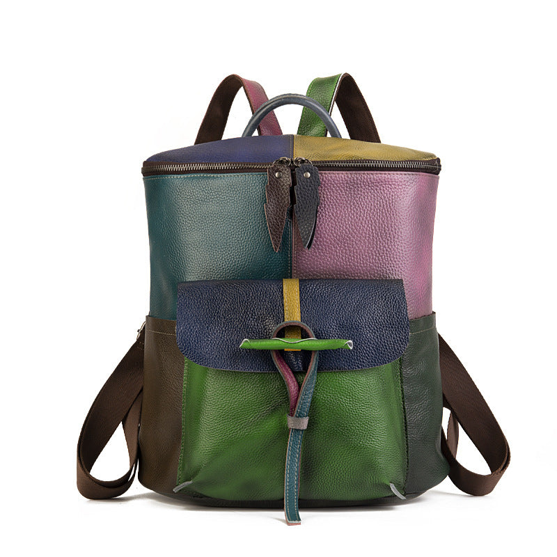 First Layer Cowhide Unisex Colored Mosaic Fashion Personalized Large Capacity Leisure Backpack