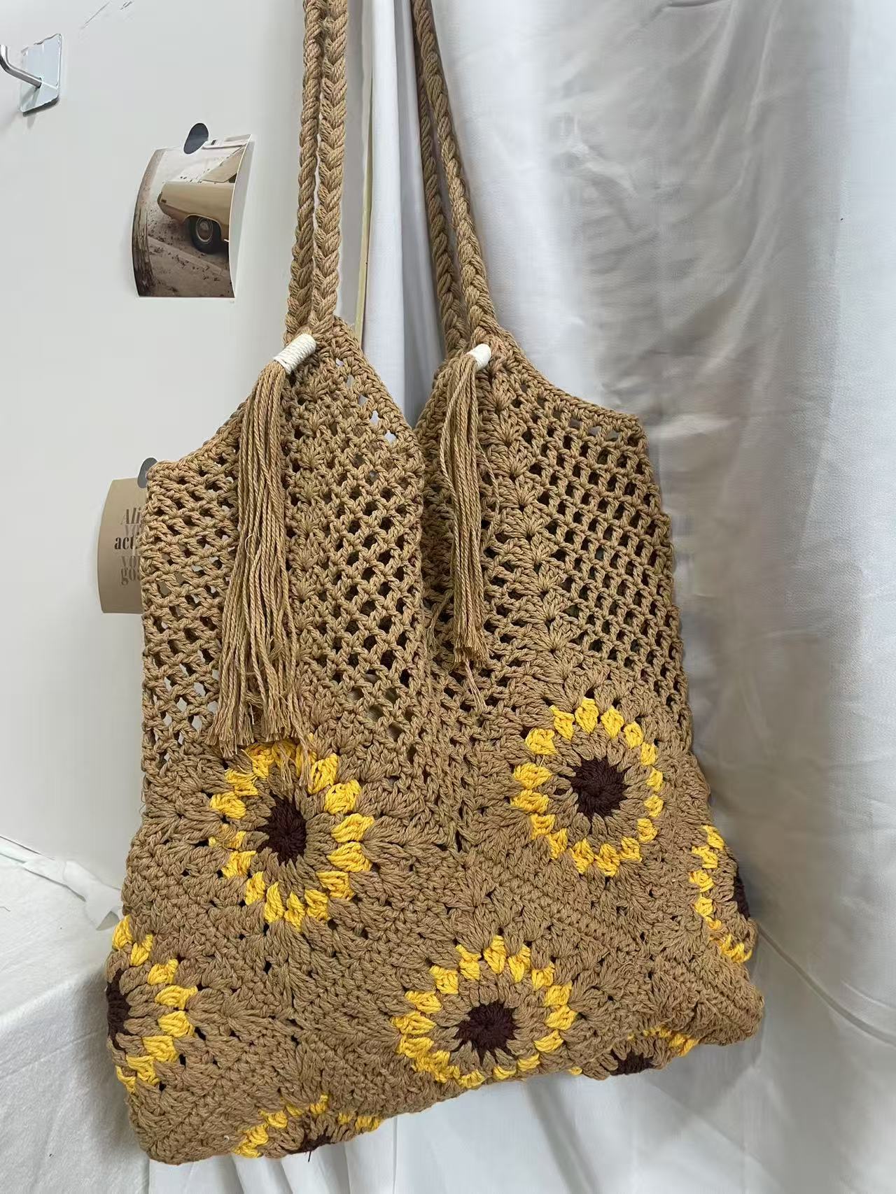 Women's Woven Large Capacity Cotton Hollow Idle Style Vacation Bags