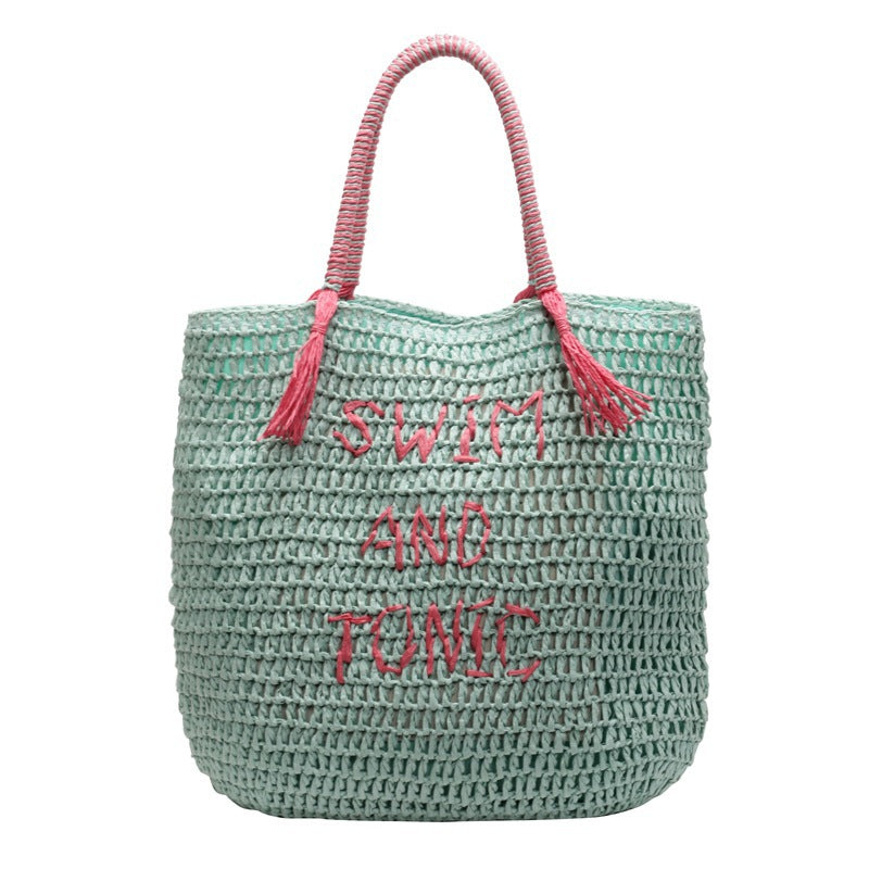 Beach Vacation Style Fresh Mint Green Straw Woven Wind Large Women's Shoulder Bag