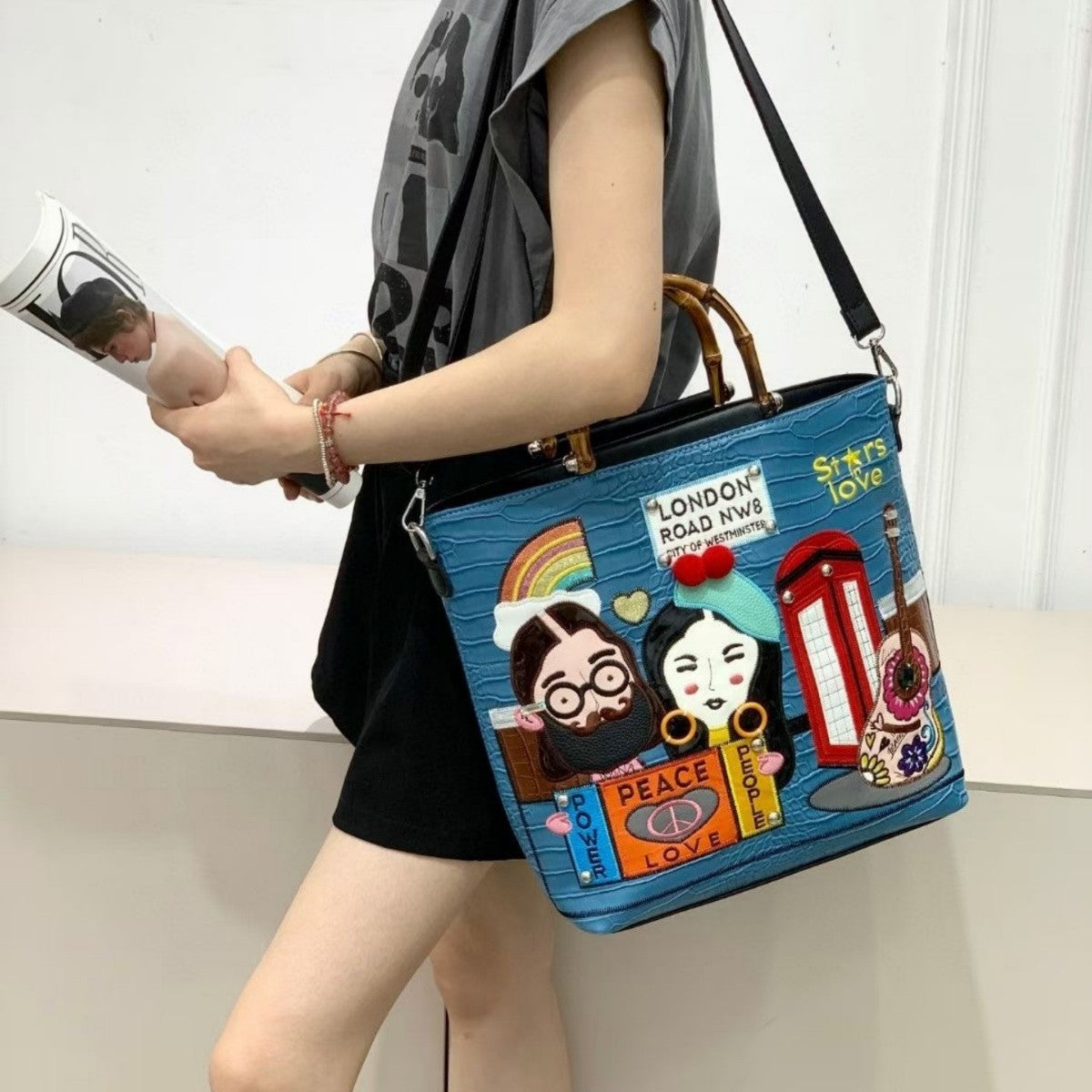 Women's Retro Color Block Embroidery Bamboo Versatile Large Handle