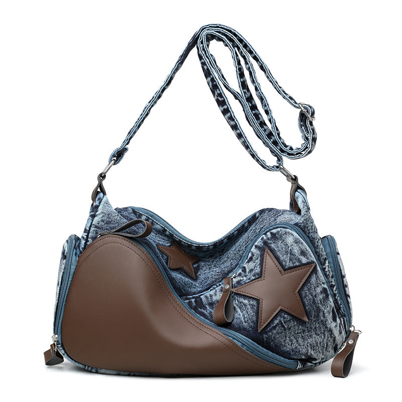 Women's Denim Fashion Stitching Large Capacity Simple Shoulder Bags
