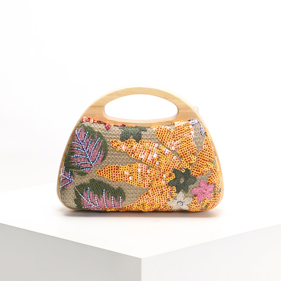 Women's Embroidered Sequins Floral Wooden Box Suction Women's Handbag