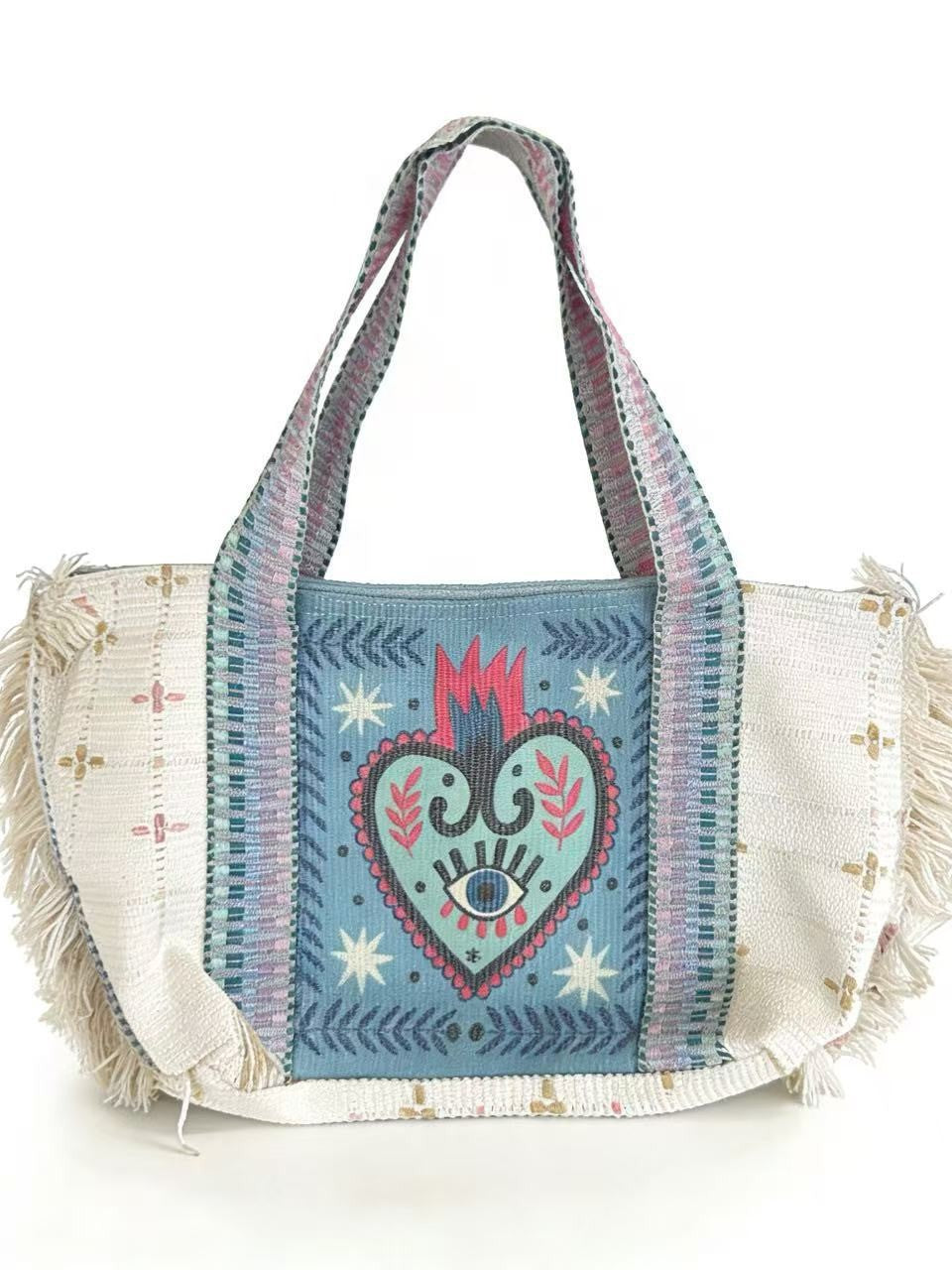 Women's Heart Embroidered Tassel Woven Commuter Large Tote Bags