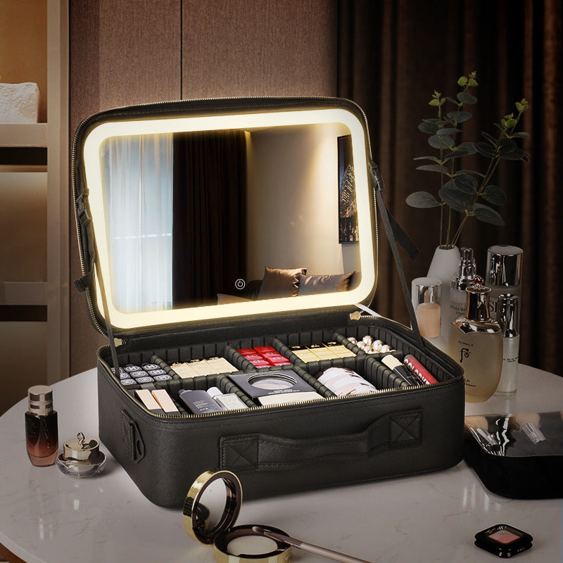 With Mirror Light Large Capacity Storage Portable Removable Makeup Bag