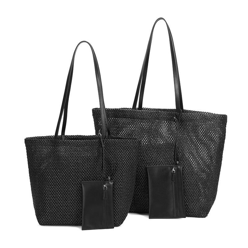Women's Black Cut-out Woven Niche Idle Style Versatile Large Capacity Tote Bag