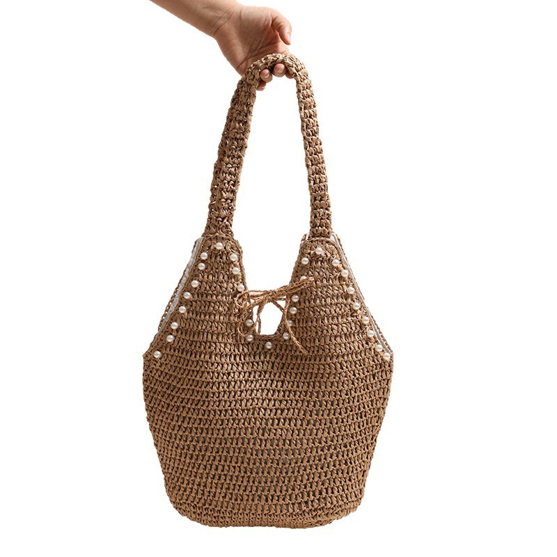 High-grade Large Capacity Straw Fashion Imitation Pearl Women's Shoulder Bag