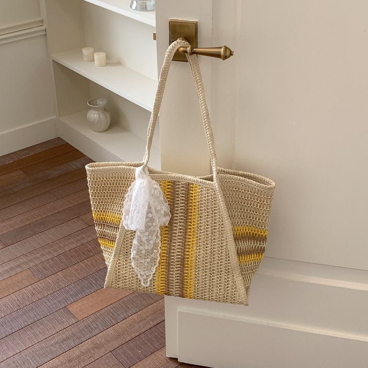 Large Capacity Commuter Straw Woven Fabric Leisure Striped Bags