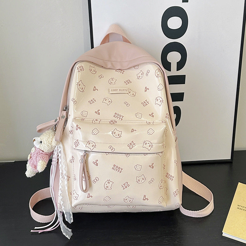 Women's Soft Leather Printed Cat Commute College Women's Backpack