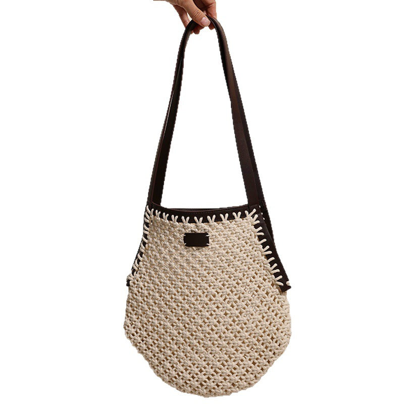 Fashion Geometric Straw Niche Stitching Hollow Woven Women's Shoulder Bag