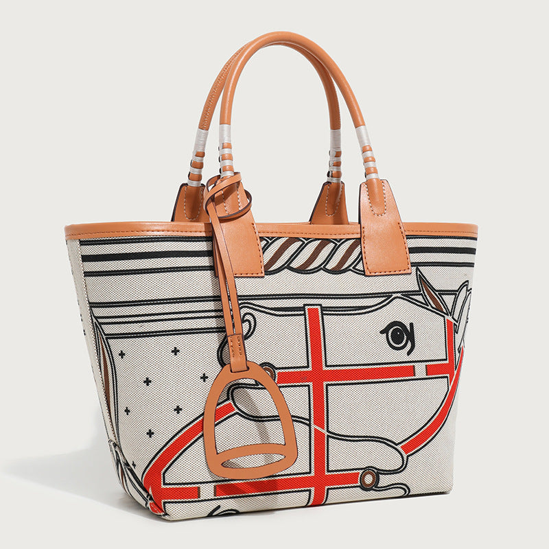 Women's Basket Printed Canvas Large Capacity Totes Commuter Shopping Tote Bag