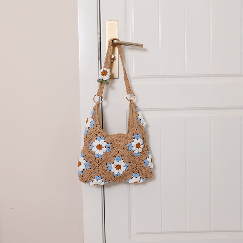 Straw Grandmother Grid Hollow Cotton Thread Woven Vacation Bags