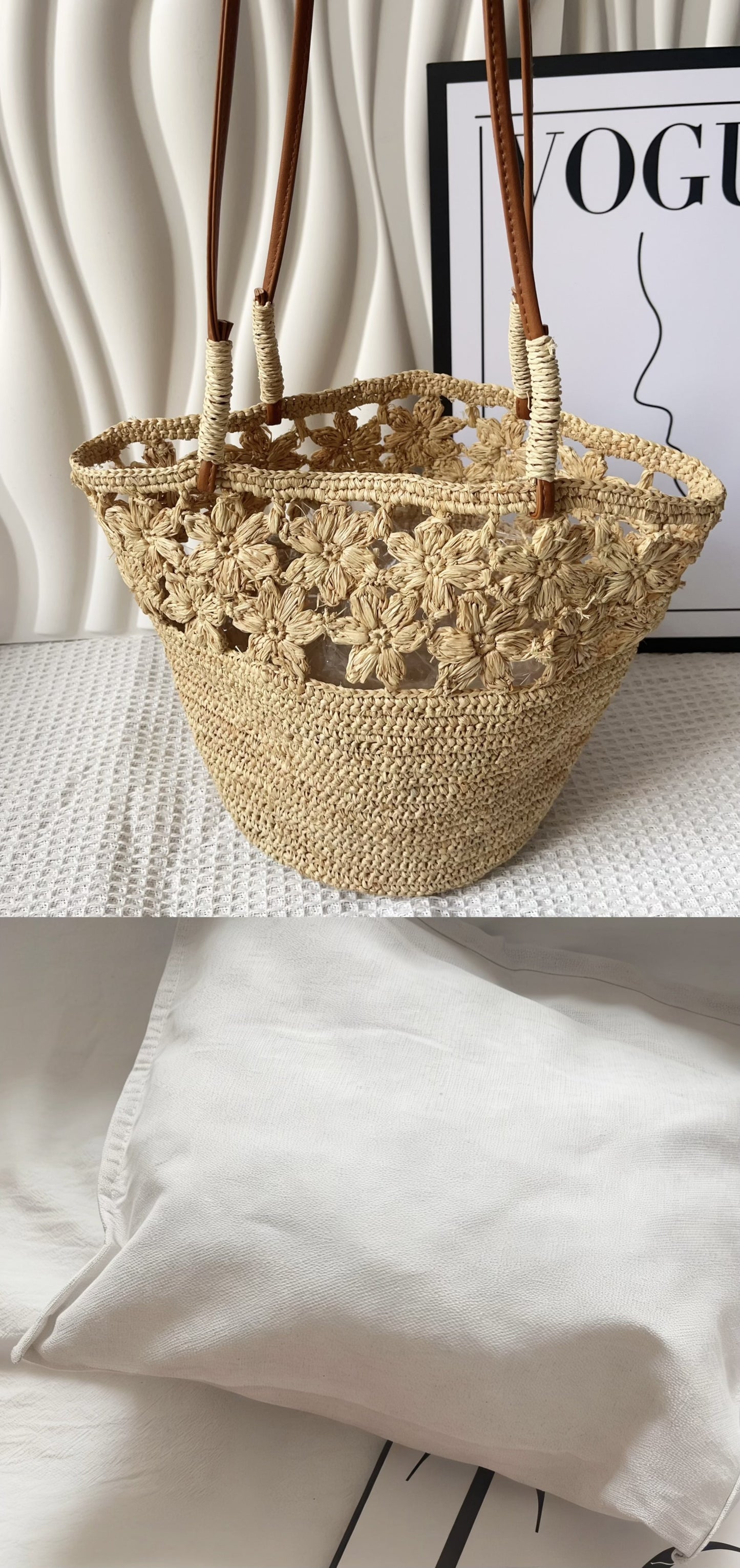 Women's Natural Raffia Hand Crocheting Flowers Straw Shoulder Bags