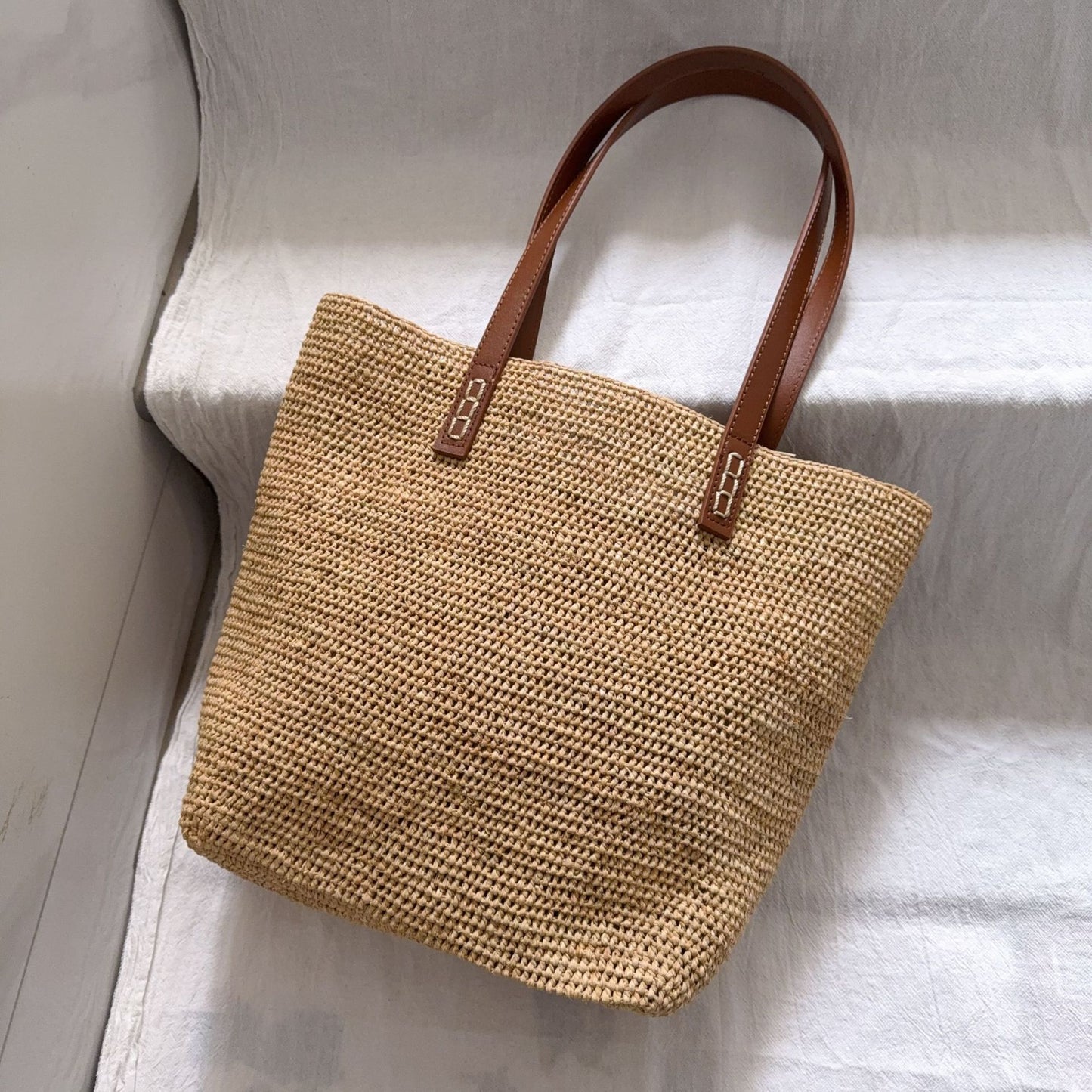 Raffia Joint Leather Strap Handmade Needle Hook Women's Shoulder Bag