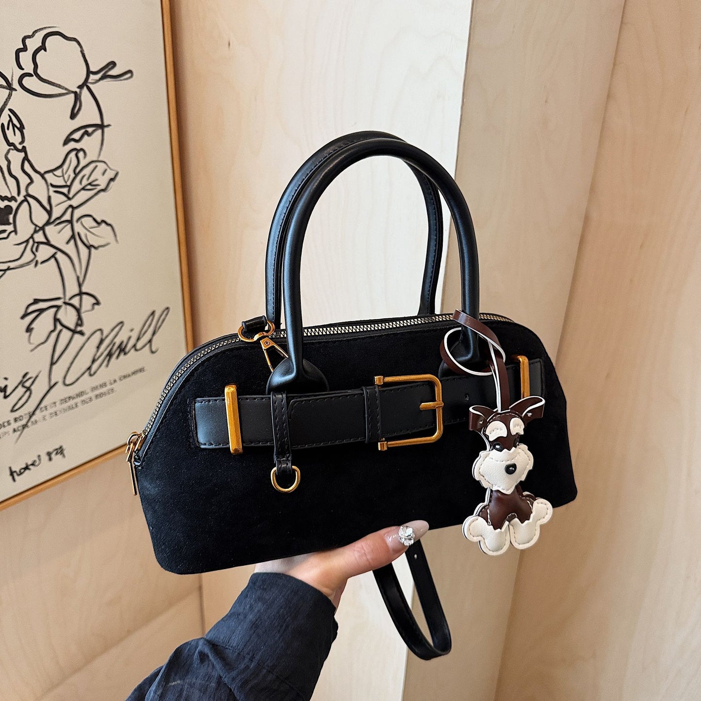 Women's Suede Korean Style Stitching Machine Car Women's Shoulder Bag