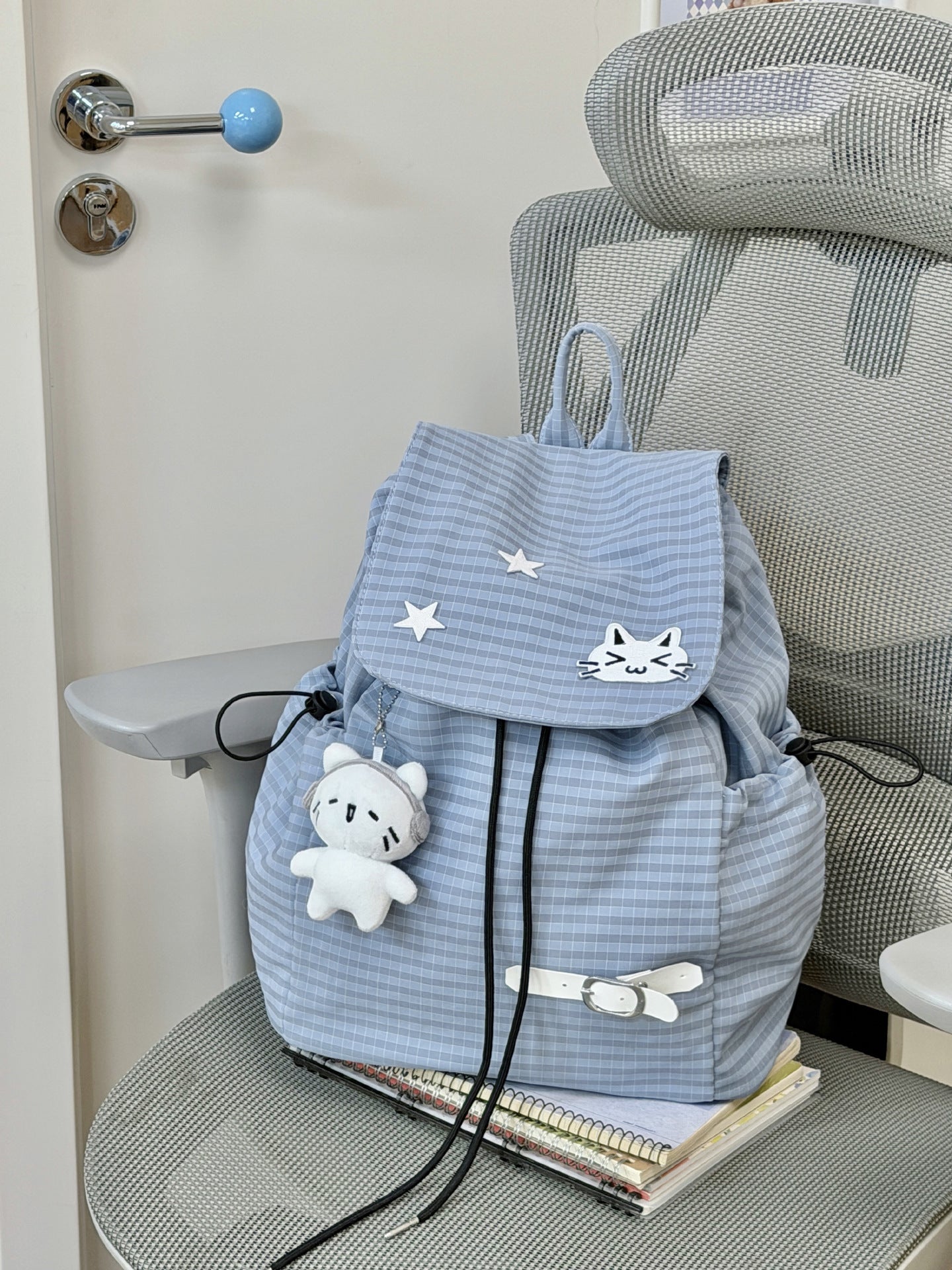 Embroidery Kitten Milk Blue Plaid Soft Leisure Backpack