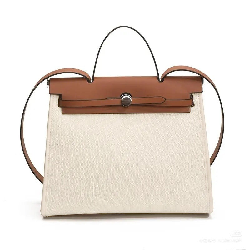 Women's Kelly Color Block Canvas Handmade Leather Large Women's Handbag