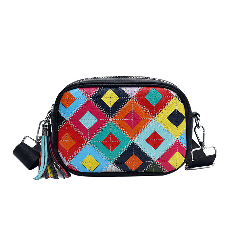 Women's First Layer Cowhide Fashion Popular Diamond Contrast Bags