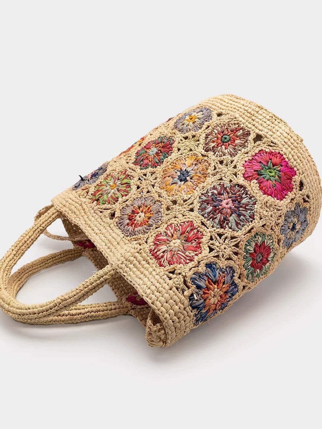 Women's Handmade Raffia Colorful Straw Seaside Vacation Bucket Bag