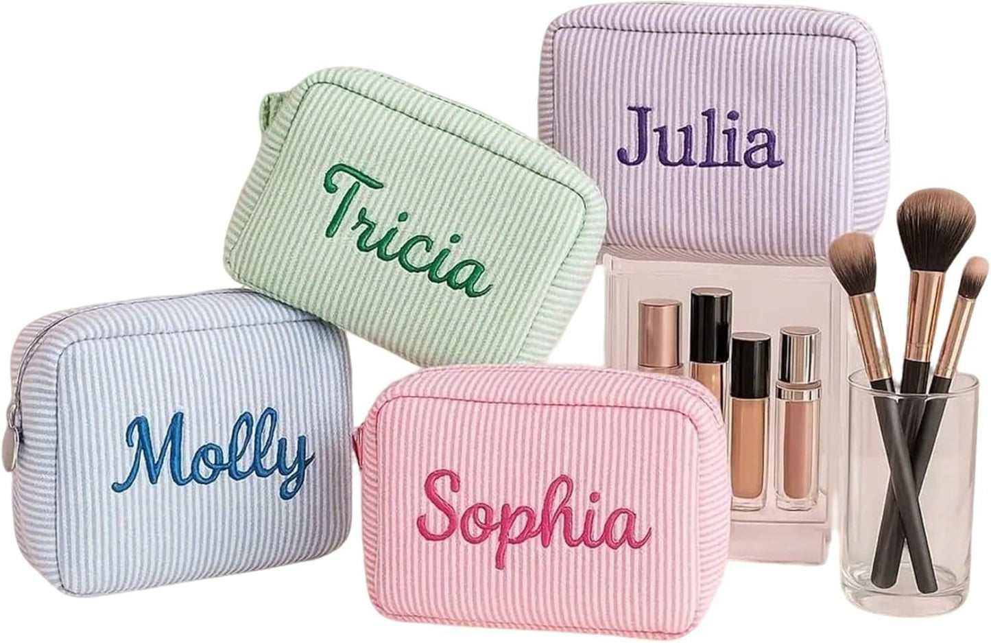 Embroidery Name Striped Make-up Portable Storage Makeup Bag