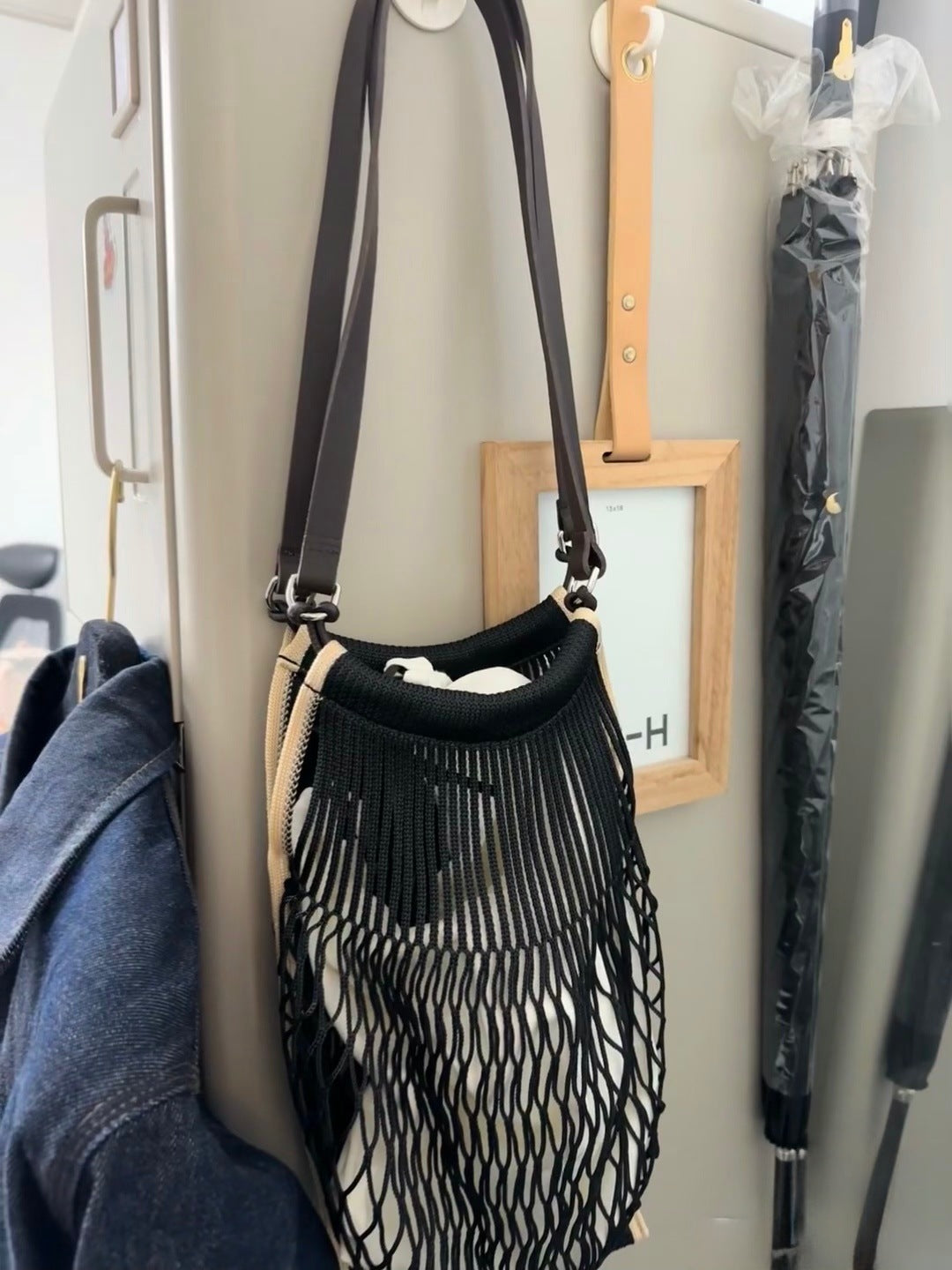 For Vegetable Tanned Leather Strap Woven Net Pocket Bags