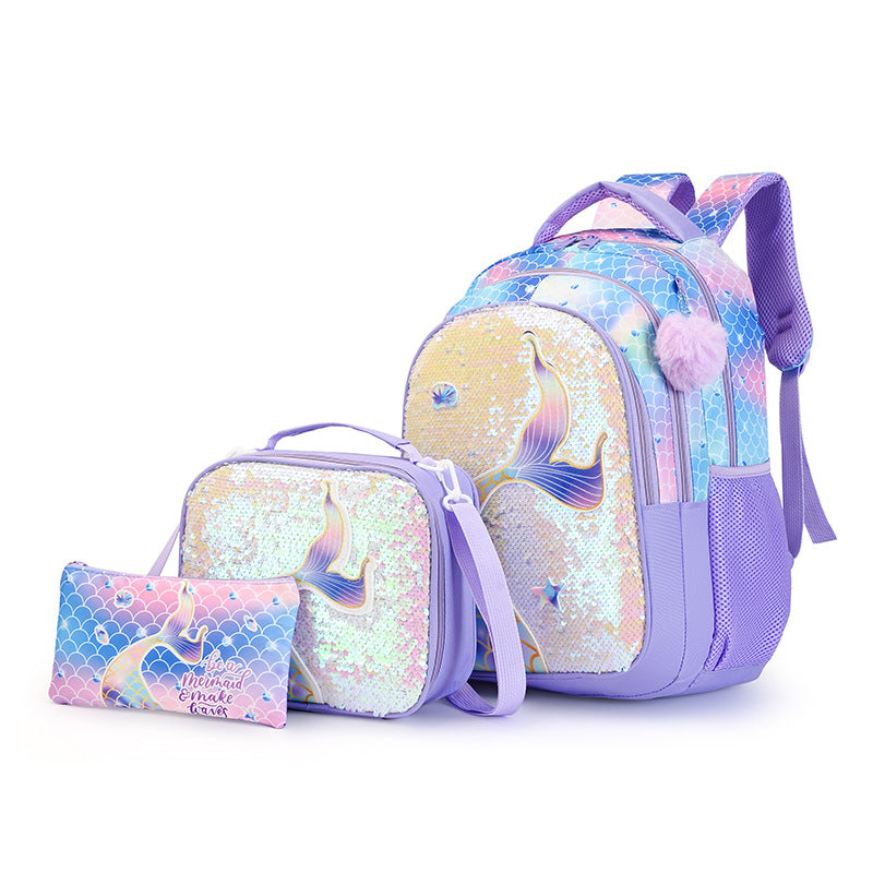 Portable Unicorn Mermaid Three-piece Lunch Pencil Large Capacity Practical Women's Backpack