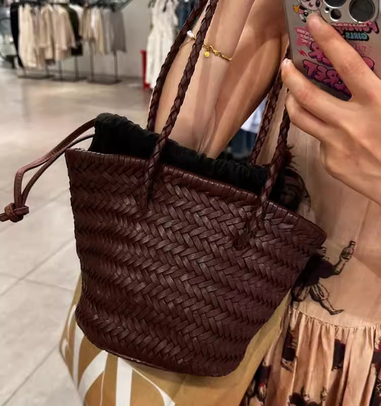 Woven Summer Portable Vegetable Basket French Retro Leather Bucket Bag