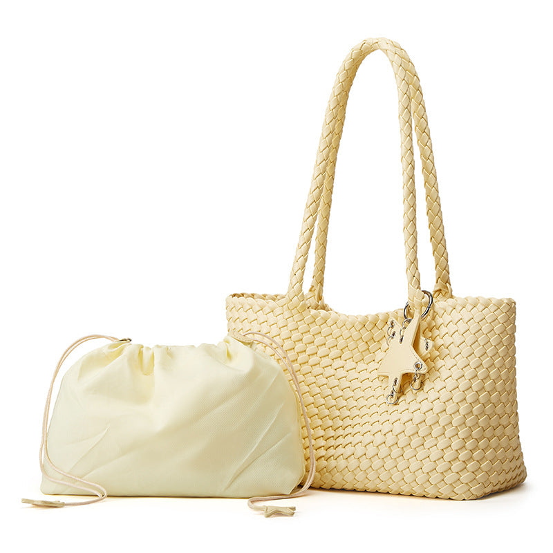 Hand-woven Medium Champagne Gold Soft Leather Idle Style Commuter Large Women's Shoulder Bag