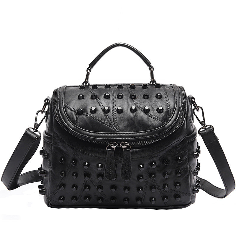 Women's Stitching Sheepskin Fashion Rivet Design Soft Leather Large Women's Shoulder Bag