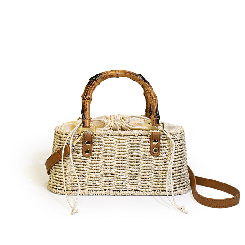 Women's Retro Portable Bamboo Festival Pastoral Style Straw Woven Bucket Bags
