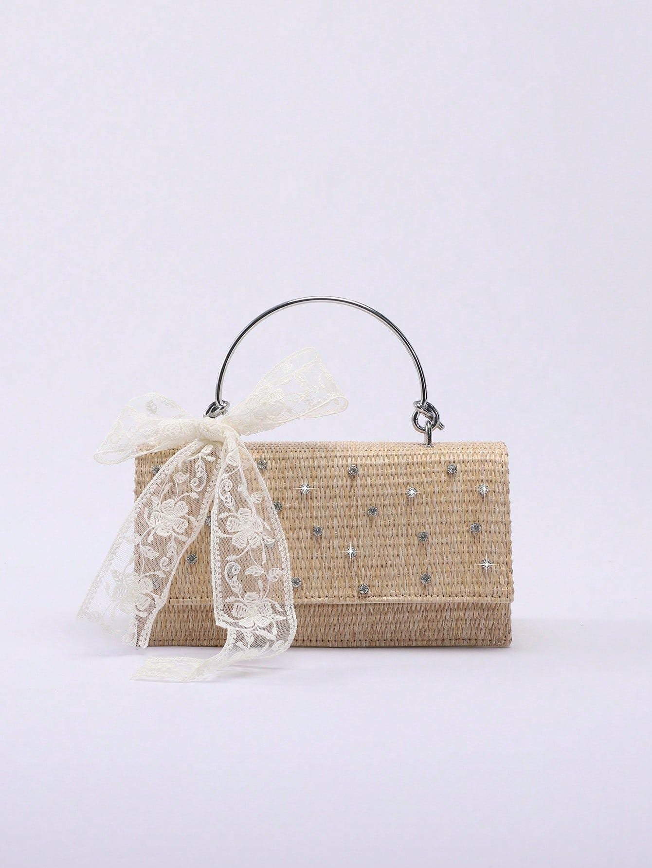 Women's Straw Woven Summer Diamond Shiny Crystal Lace Women's Handbag
