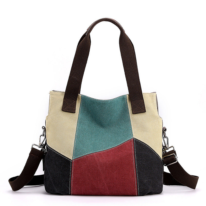 Women's Canvas Fashion Contrast Color Large Capacity Retro Handbags