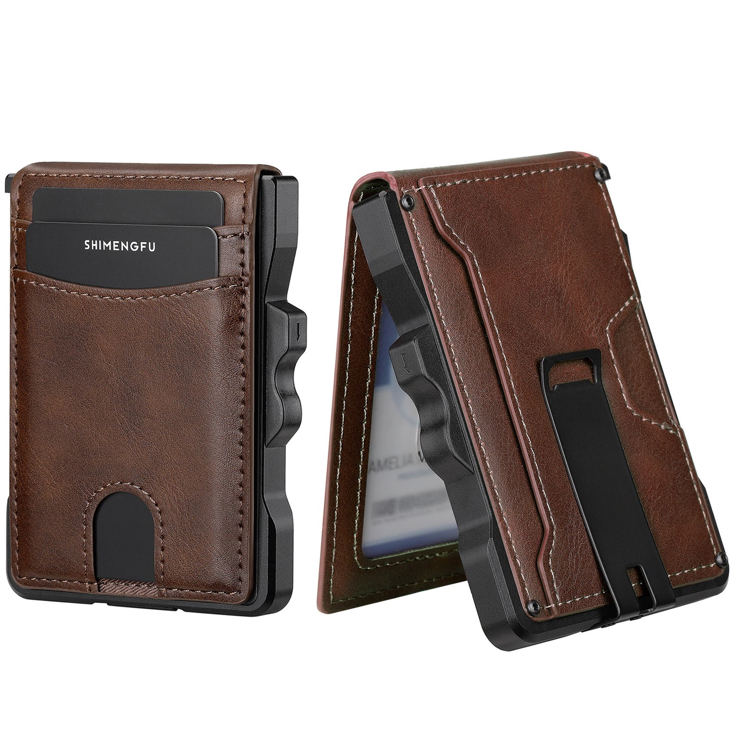 Men's Automatic Metal Advanced Folding Leather Carbon Card Pack Card Sleeve