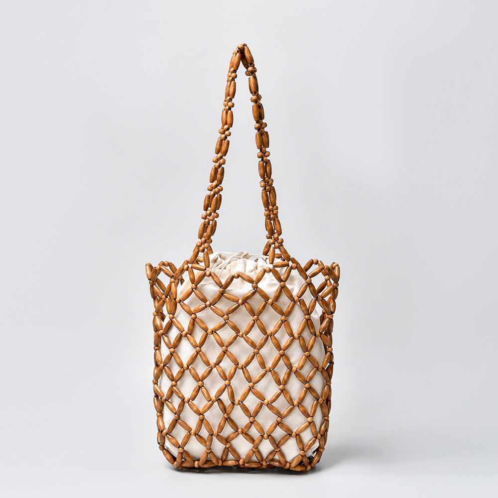 Women's Large Capacity Hand-woven Leisure Portable Seaside Beach Vacation With Wooden Women's Shoulder Bag
