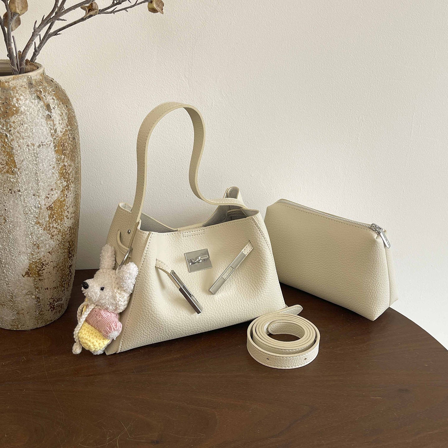Women's Niche Portable Kelly High-grade Lychee Pattern Large Bucket Bag