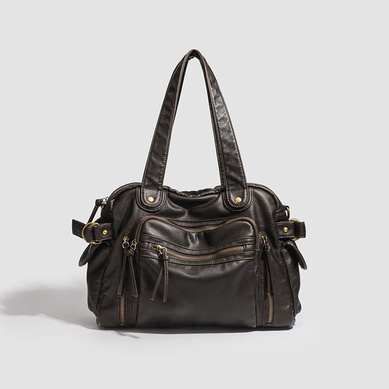 Retro Motorcycle Washed Soft Leather Large Capacity Underarm Tote Bag