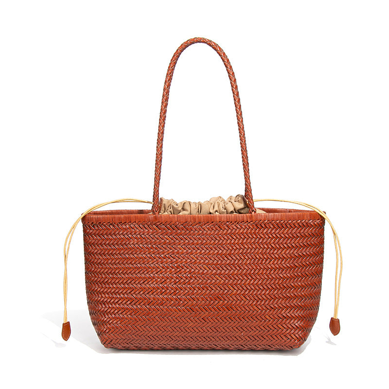 Women's Classic Vegetable Basket Genuine Leather Versatile Hand-woven Large Handbags