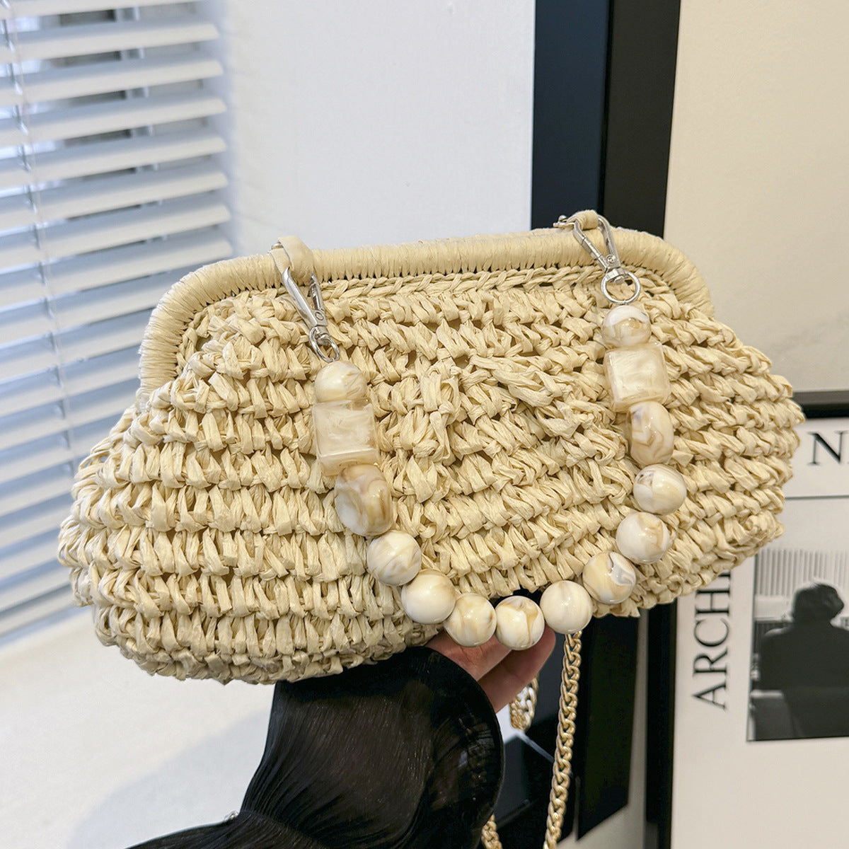 Vacation Style Beach Straw Summer Beaded Underarm Design Women's Handbag
