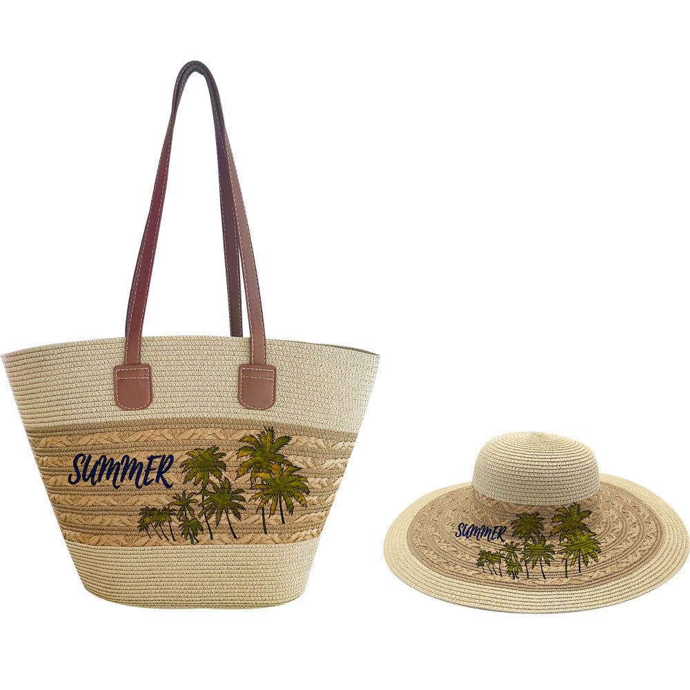 Fashionable Coconut Print Straw Woven Hat Set Vacation Women's Shoulder Bag