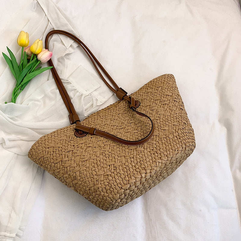 Women's Style Fashion Solid Color Woven Large Capacity Vacation Straw Vegetable Women's Shoulder Bag