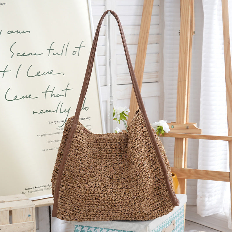 Women's French Style Large Capacity Straw Niche Solid Color Woven Vacation Women's Shoulder Bag
