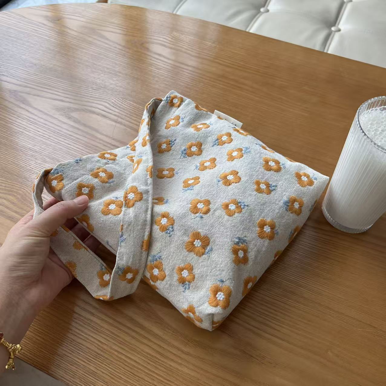 Women's Cloth Little Yellow Flower Embroidered Canvas Large Combination Artistic Underarm Bag
