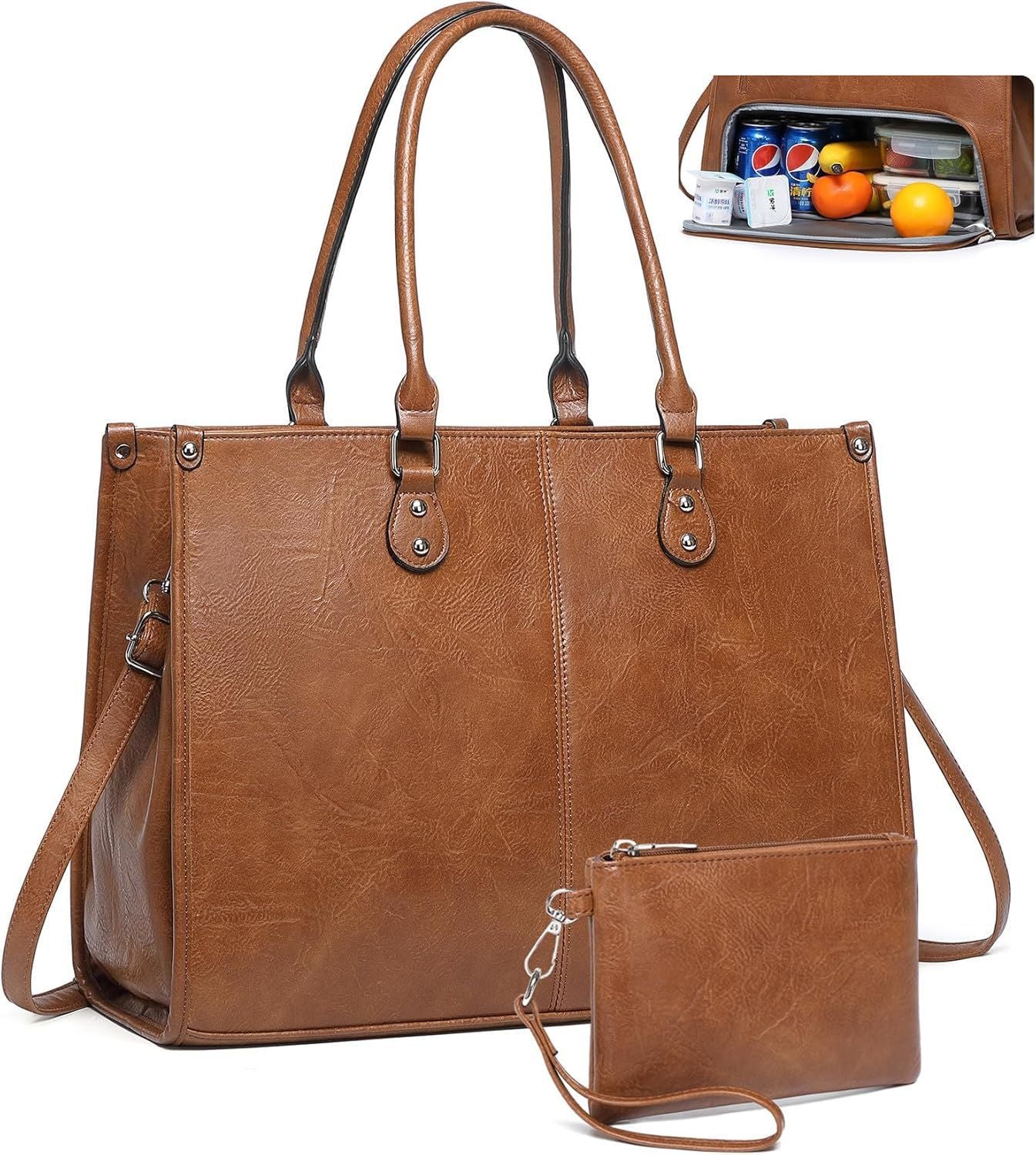 Leather Lunch Portable Insulated Computer Compartment Women's Messenger Bag