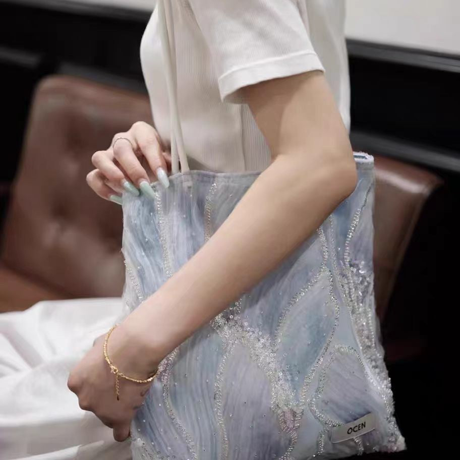 Fashionable Morandi Blue Beaded Item Niche Bags