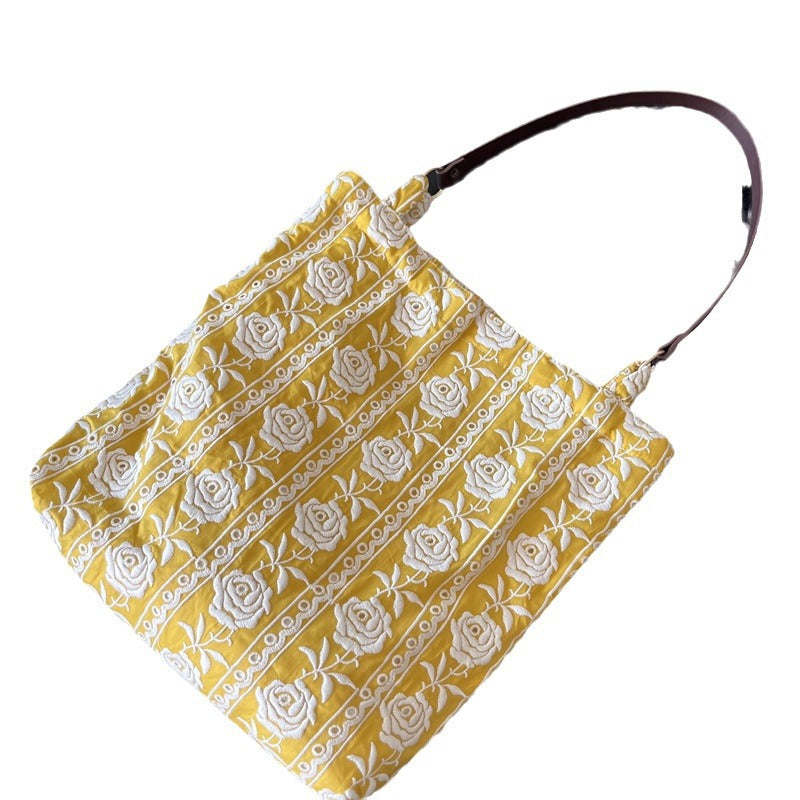 Embroidered Flower Yellow Rose Daily Portable Cotton Leather Shoulder Bags