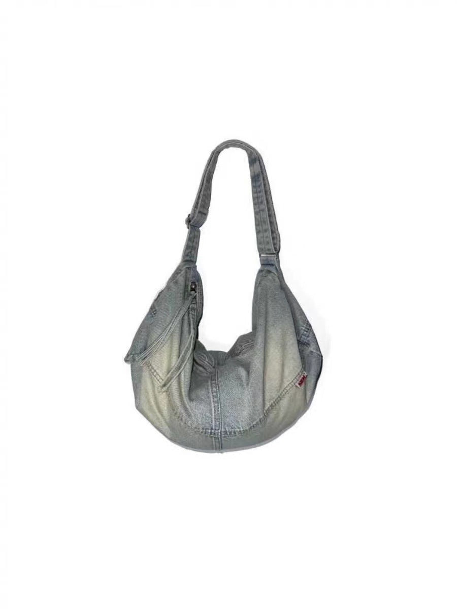 Worn Looking Washed-out Denim Large Capacity Women's Shoulder Bag
