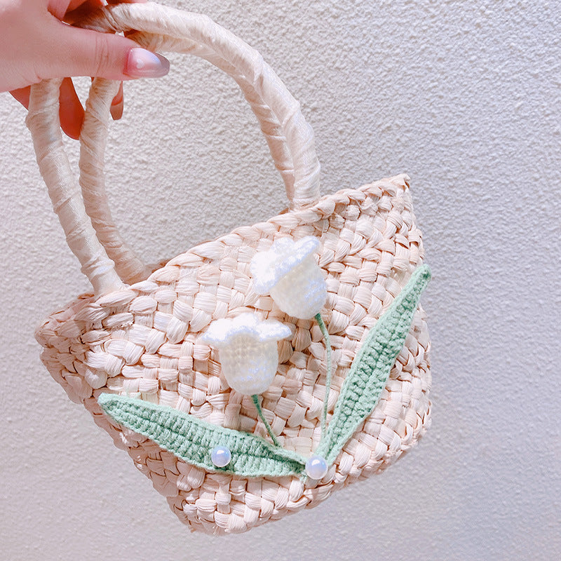 Summer Style Hand-knitted Crocheted Pearl Flower Lined Straw Handbags
