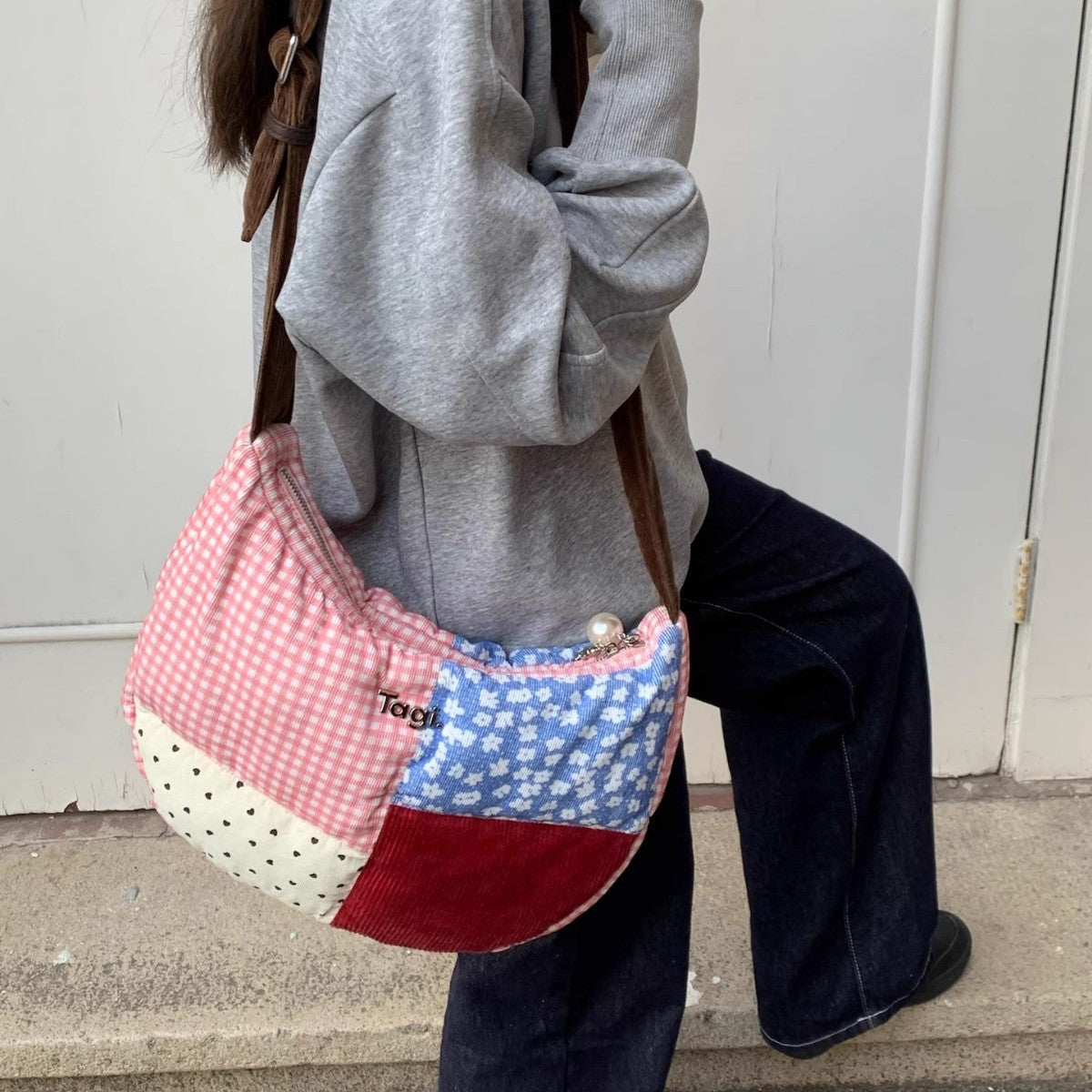 Contrast Color Corduroy Stitching Denim Large Women's Shoulder Bag