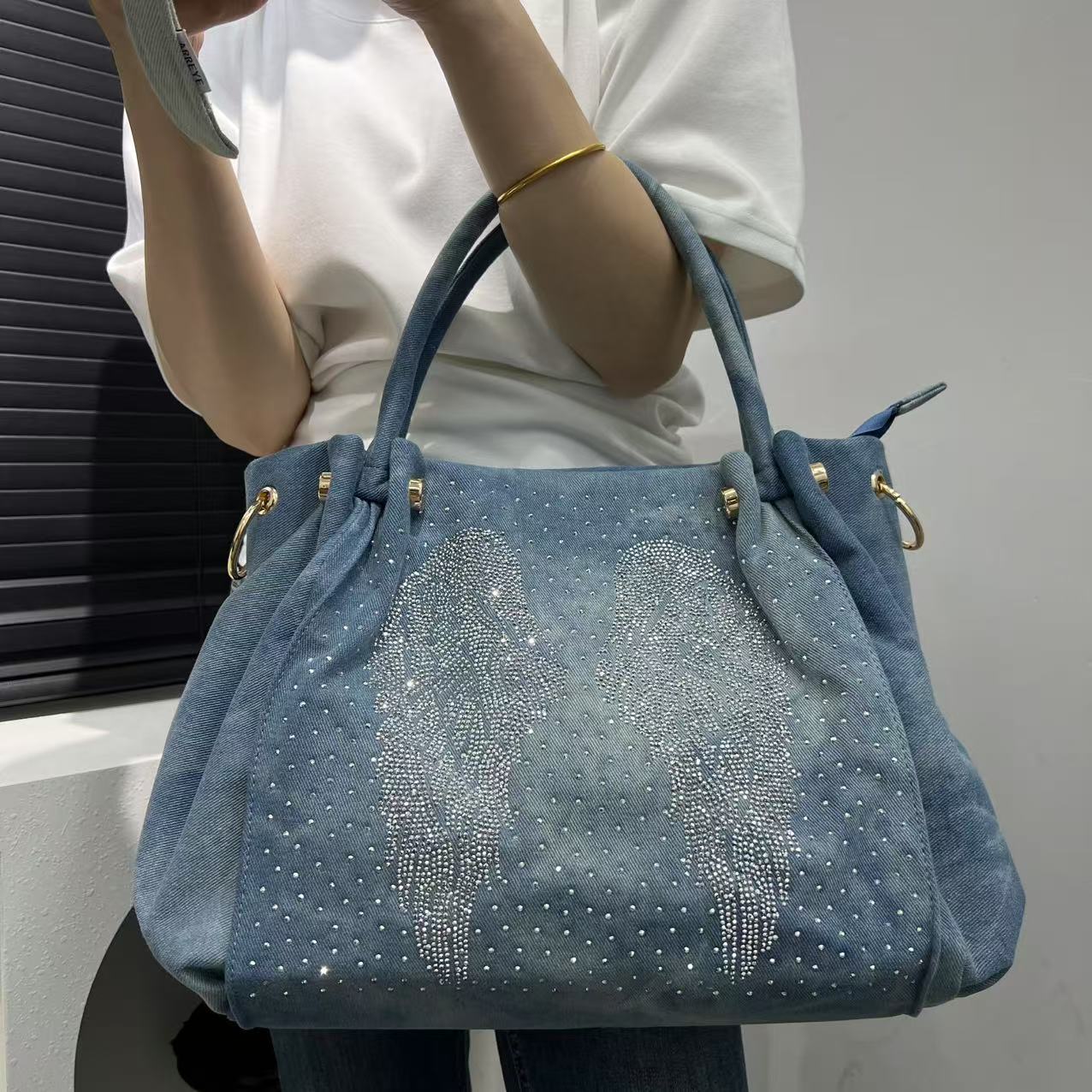 Women's Diamond Decorations Washed Denim Large Capacity Tote Bag