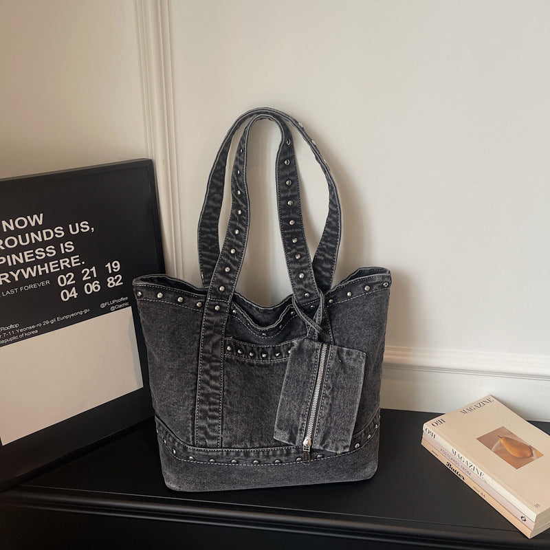 Women's Denim Trendy Unique Studded Large Capacity Tote Bags