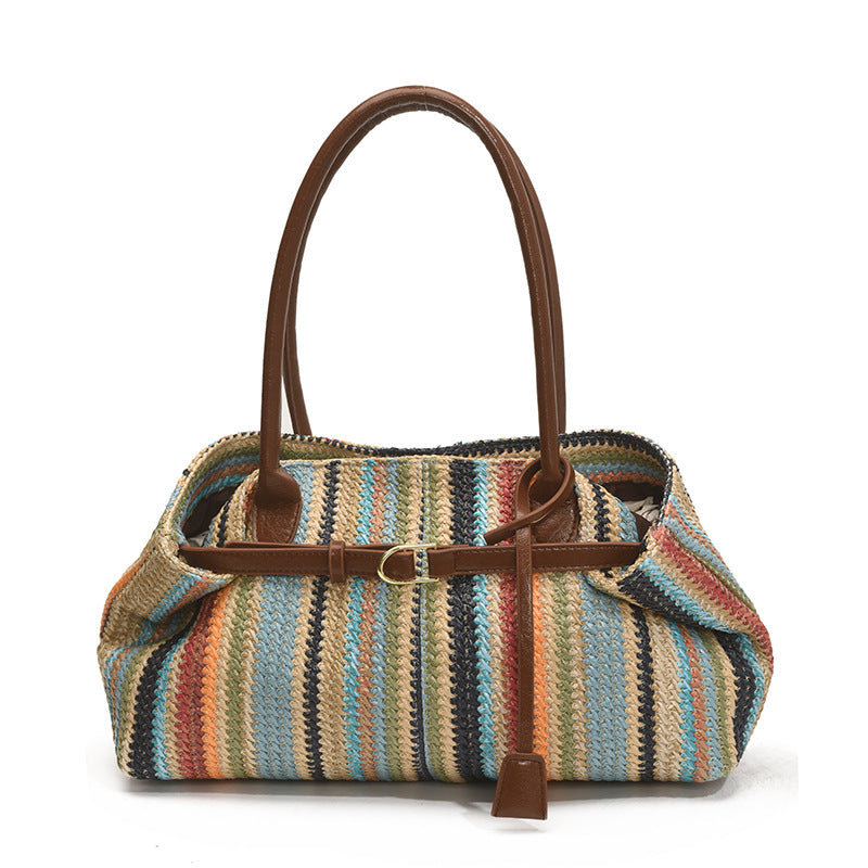Women's Popular Color Woven Large Capacity Seaside Vacation Style Tote Bags